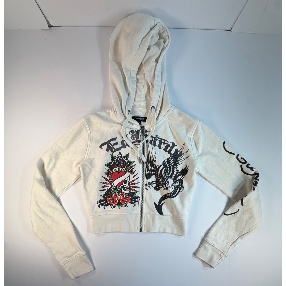 Ed Hardy Women Cream Cropped Zip Up Hoodie Tattoo Graphic Skull Panther S